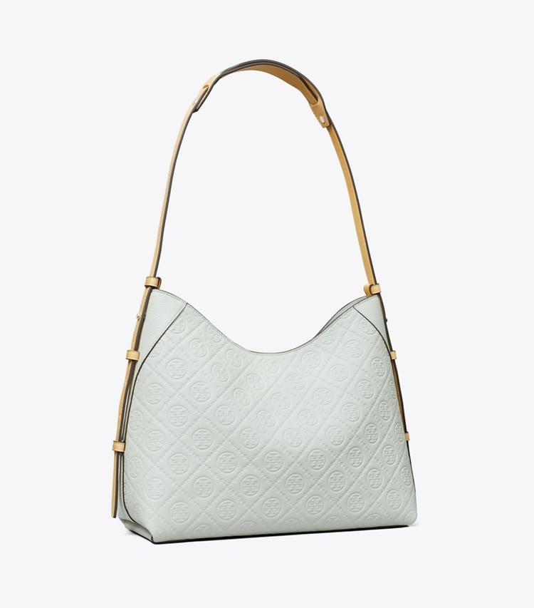 Tory Burch designer shoulder bags T Monogram Pebble Messenger in Light Titanium angle