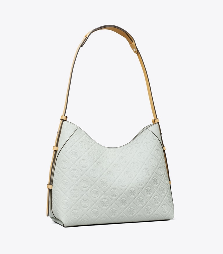 Tory Burch designer shoulder bags T Monogram Pebble Messenger in Light Titanium angle