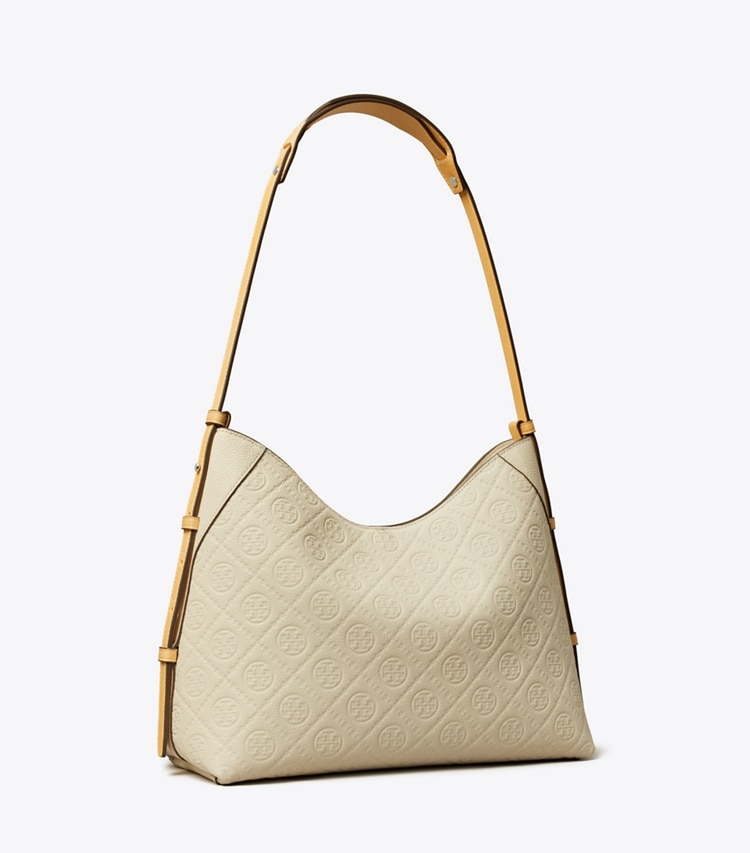 Tory Burch designer ショルダーバッグ Tモノグラム ペブル メッセンジャー in Warm White angle