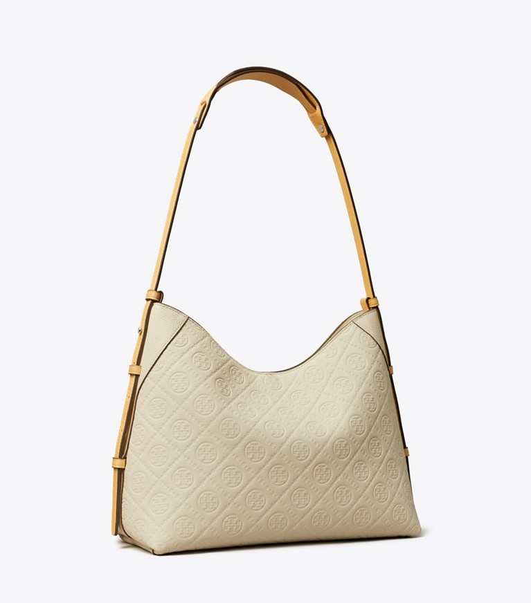 Tory Burch designer ショルダーバッグ Tモノグラム ペブル メッセンジャー in Warm White angle