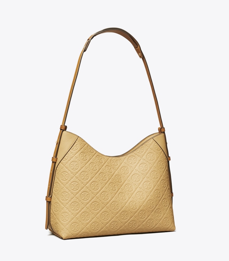 Tory Burch designer shoulder bags T Monogram Pebble Messenger in Biscotti angle