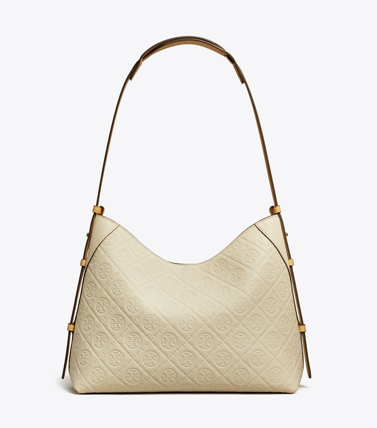 Tory Burch designer ショルダーバッグ Tモノグラム ペブル メッセンジャー in Warm White angle