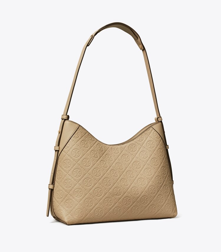 Tory Burch designer ショルダーバッグ Tモノグラム ペブルド メッセンジャーバッグ in Fresh Clay angle