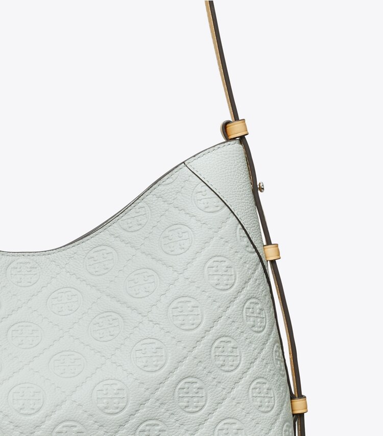 Tory Burch designer shoulder bags T Monogram Pebble Messenger in Light Titanium detail
