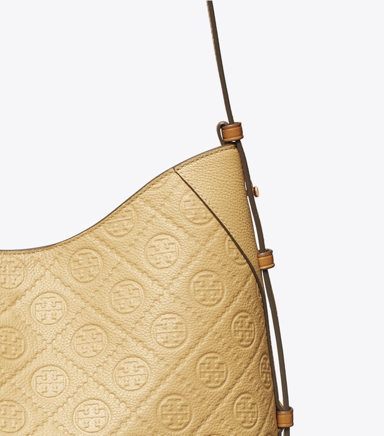 Tory Burch designer shoulder bags T Monogram Pebble Messenger in Biscotti detail