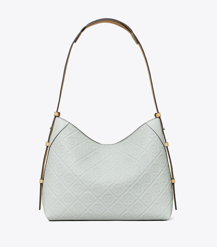 Tory Burch designer shoulder bags T Monogram Pebble Messenger in Light Titanium front