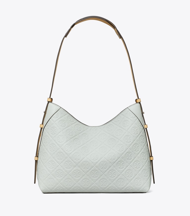 Tory Burch designer shoulder bags T Monogram Pebble Messenger in Light Titanium angle