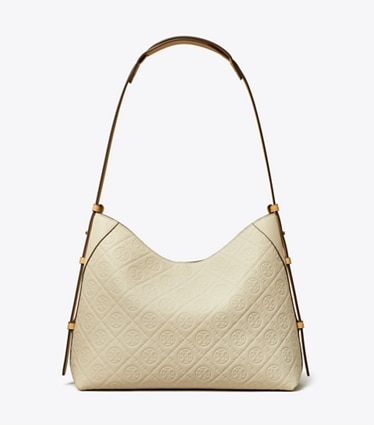Tory Burch designer ショルダーバッグ Tモノグラム ペブル メッセンジャー in Warm White front