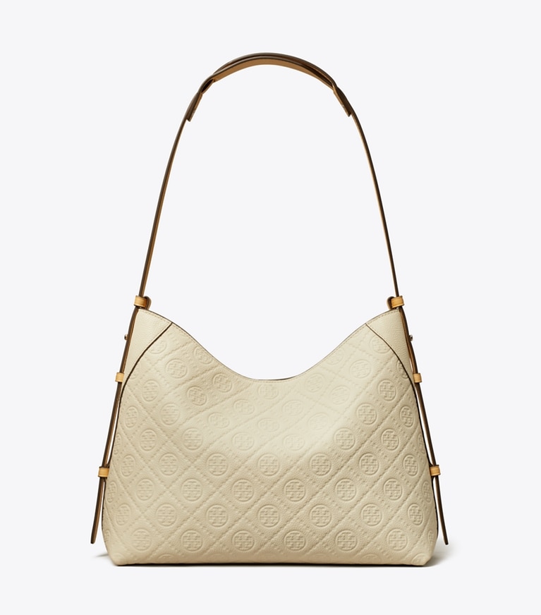 Tory Burch designer ショルダーバッグ Tモノグラム ペブル メッセンジャー in Warm White angle