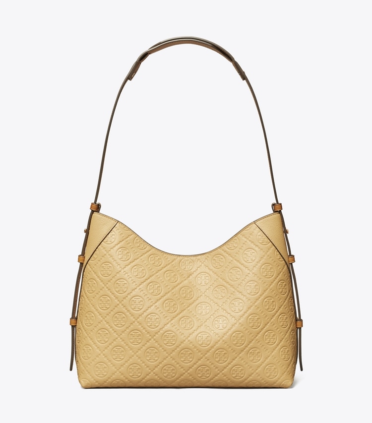 Tory Burch designer shoulder bags T Monogram Pebble Messenger in Biscotti front