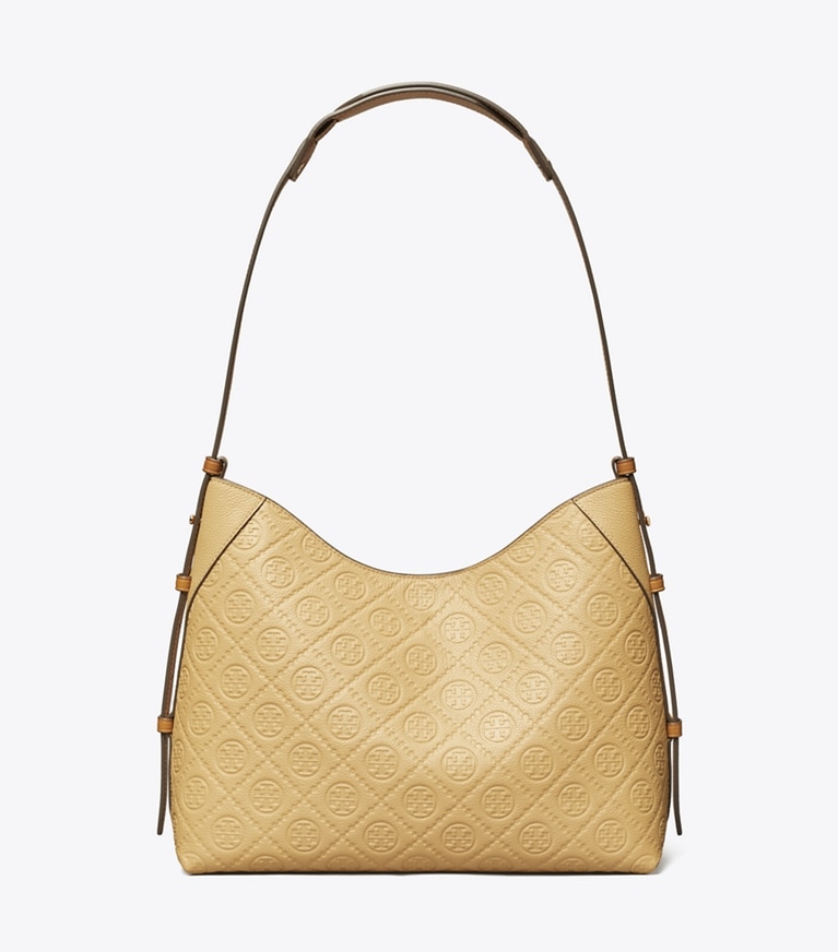 Tory Burch designer shoulder bags T Monogram Pebble Messenger in Biscotti angle