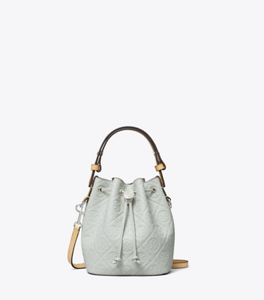 Tory Burch designer crossbody bags T Monogram Pebble Mini Bucket Bag in Light Titanium front