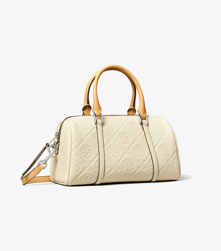 Tory Burch designer クロスボディバッグ Tモノグラム ペブル プチバレルバッグ in Warm White angle