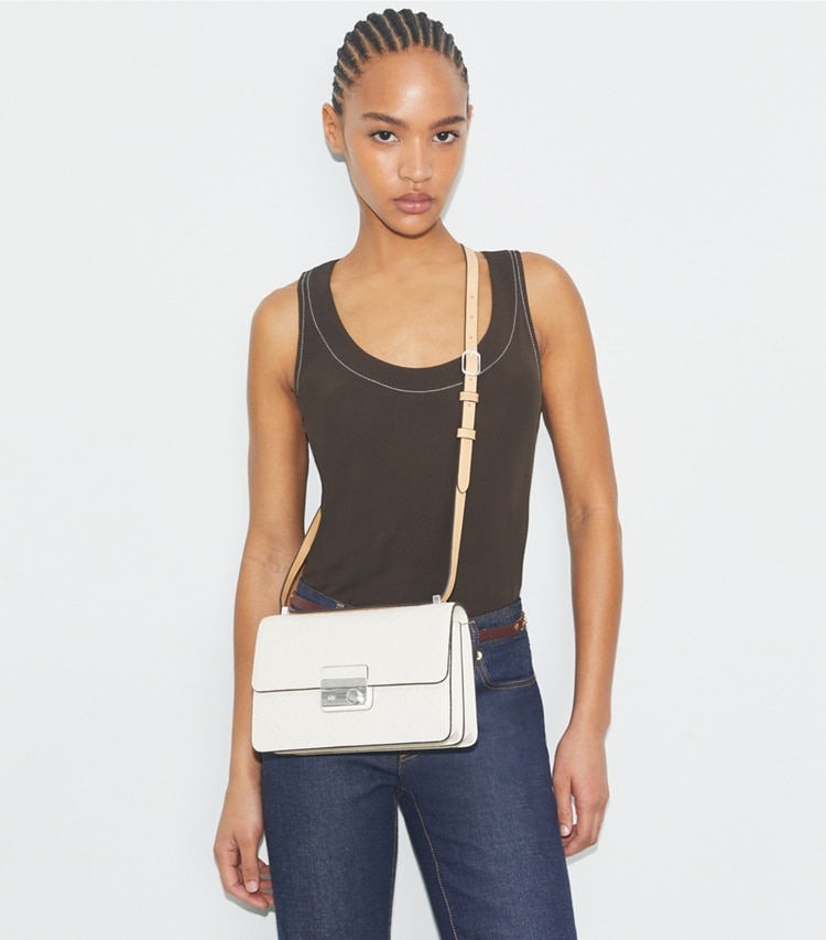 Tory Burch designer shoulder bags T Monogram Pebble Shoulder Bag in Warm White additional on model