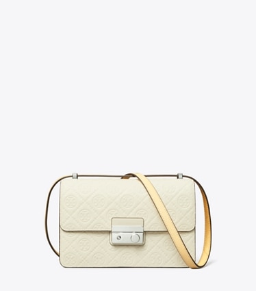 Tory Burch designer shoulder bags T Monogram Pebble Shoulder Bag in Warm White front