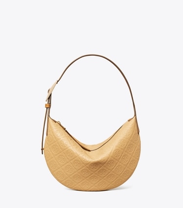 Tory Burch designer shoulder bags T Monogram Pebble Small Balloon Bag in Biscotti front