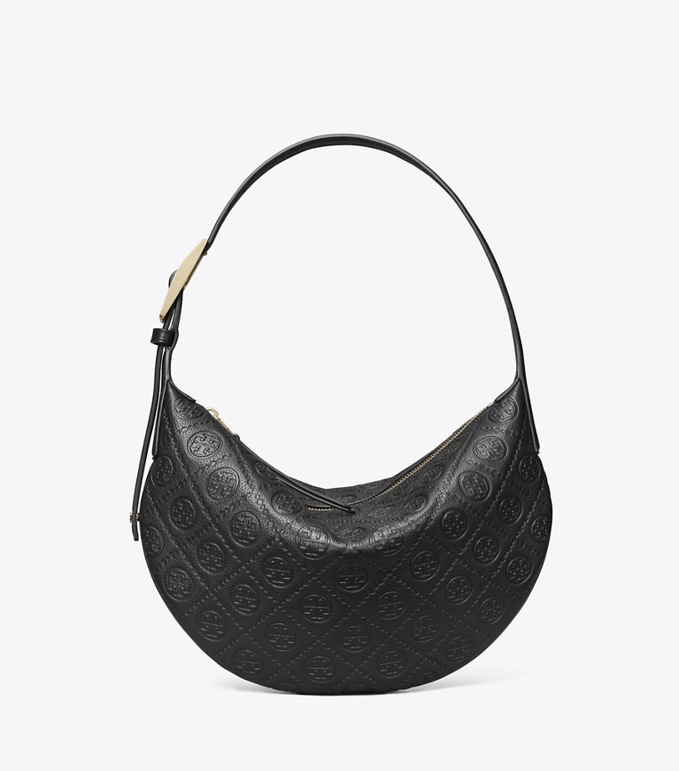 Tory Burch designer shoulder bags T Monogram Pebble Small Balloon Bag in Black angle