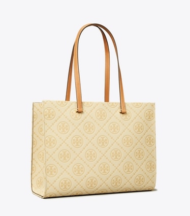 Tory Burch designer tote bags T Monogram Pebble Tote in Biscotti angle