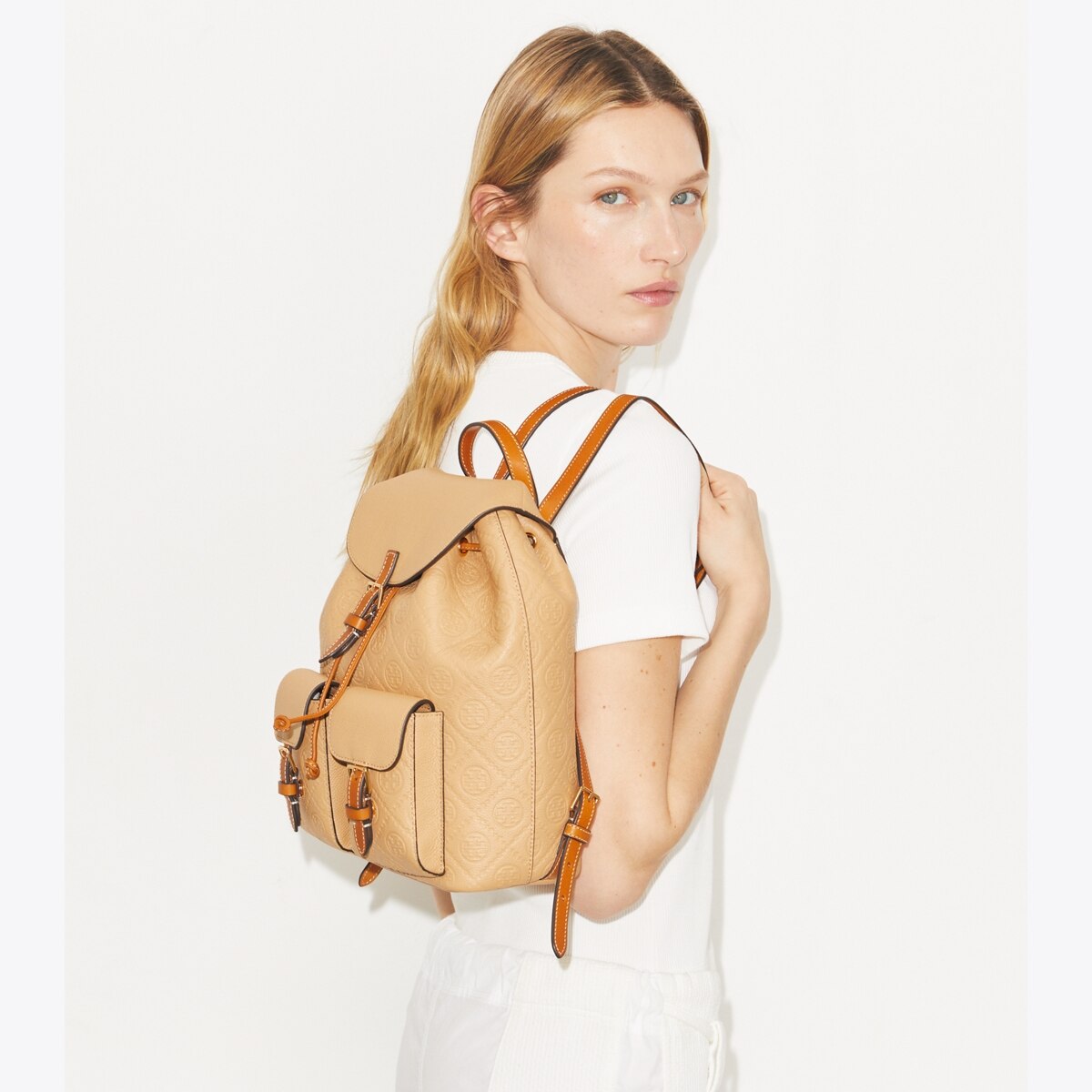 Tory Burch Harper Double TT Logo Embossed Pebble Leather Macaw Backpack MRP $495 T Monogram Pebbled Backpack: Women main image 2