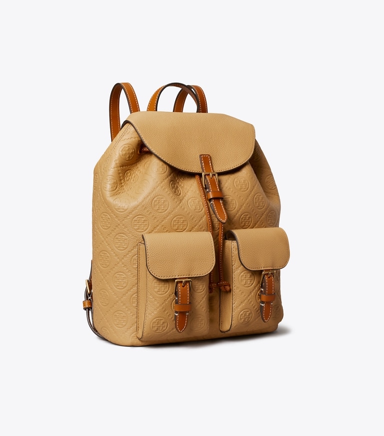 Tory Burch designer backpacks T Monogram Pebbled Backpack in Biscotti angle