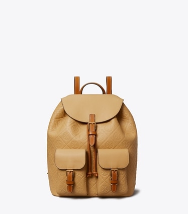 Tory Burch designer backpacks T Monogram Pebbled Backpack in Biscotti front