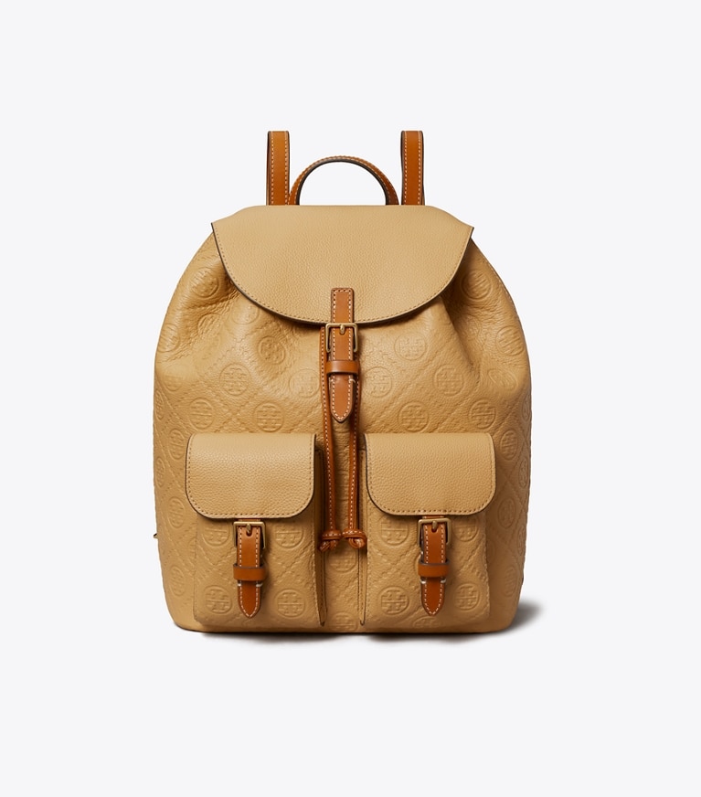 Tory Burch designer backpacks T Monogram Pebbled Backpack in Biscotti front
