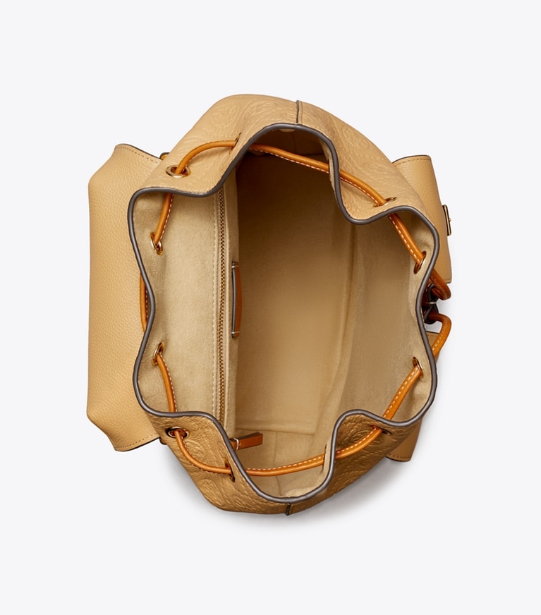 Tory Burch designer backpacks T Monogram Pebbled Backpack in Biscotti overhead
