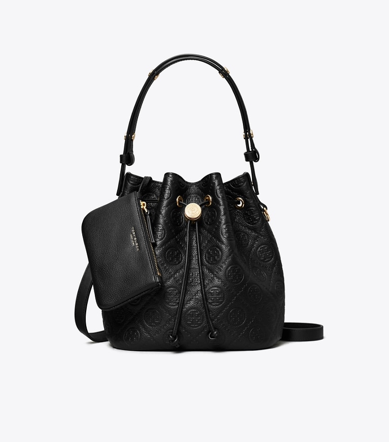 Tory Burch designer crossbody bags T Monogram Pebbled Bucket Bag in Black angle