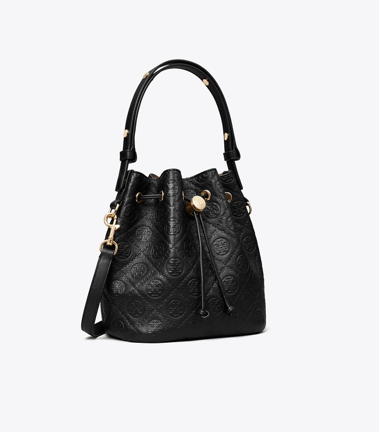 Tory Burch designer crossbody bags T Monogram Pebbled Bucket Bag in Black angle