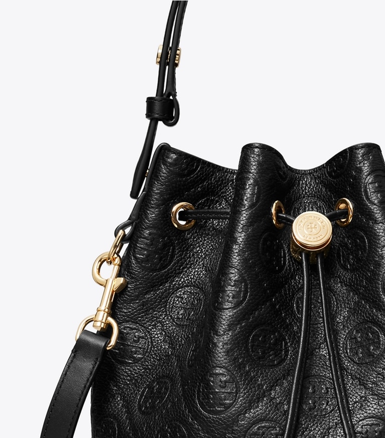 Tory Burch designer crossbody bags T Monogram Pebbled Bucket Bag in Black angle