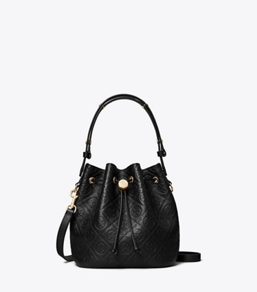 Tory Burch designer crossbody bags T Monogram Pebbled Bucket Bag in Black front
