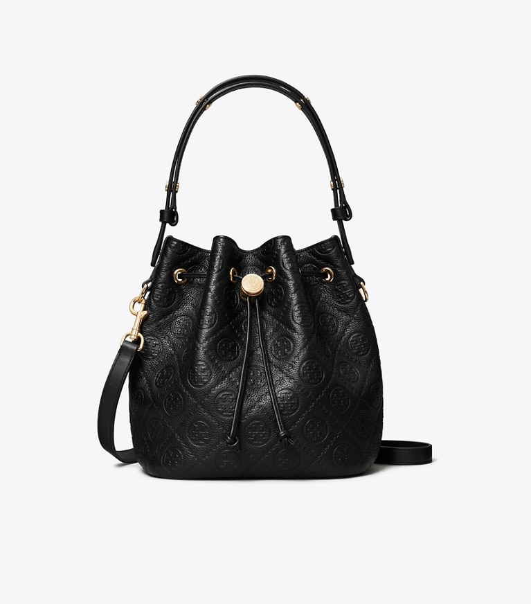 Tory Burch designer crossbody bags T Monogram Pebbled Bucket Bag in Black angle