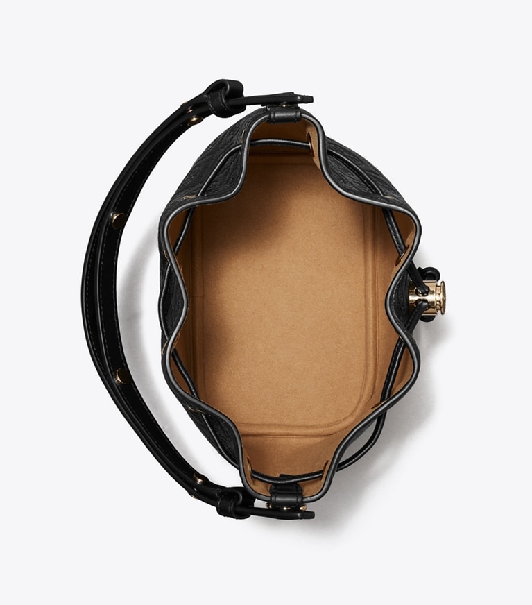 Tory Burch designer crossbody bags T Monogram Pebbled Bucket Bag in Black angle