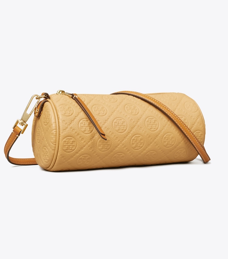 Tory Burch designer crossbody bags T Monogram Pebbled Cylinder Bag in Biscotti angle