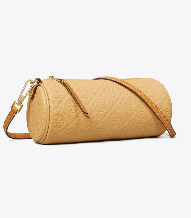 Tory Burch designer crossbody bags T Monogram Pebbled Cylinder Bag in Biscotti angle