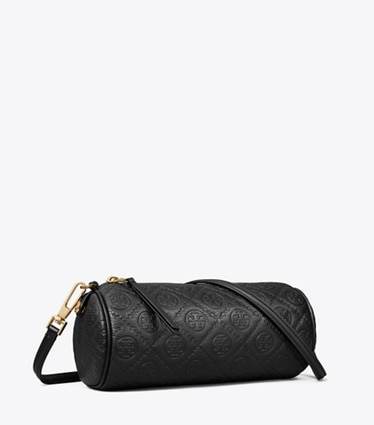 Tory Burch designer crossbody bags T Monogram Pebbled Cylinder Bag in Black angle