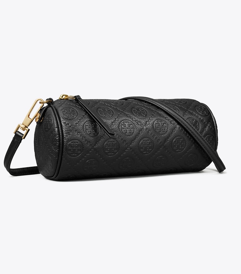 Tory Burch designer crossbody bags T Monogram Pebbled Cylinder Bag in Black angle