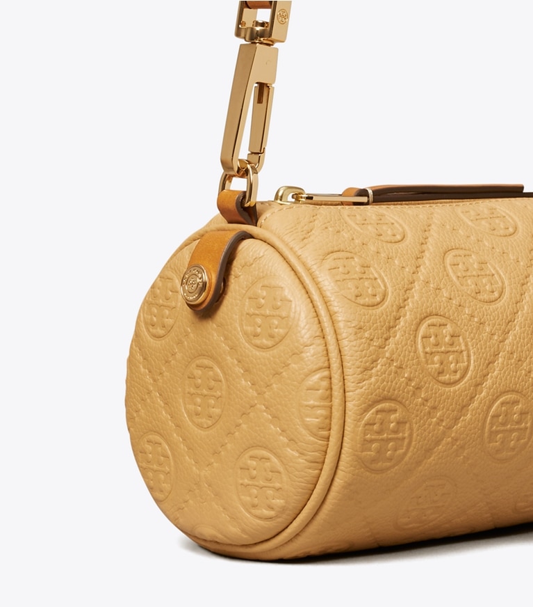 Tory Burch designer crossbody bags T Monogram Pebbled Cylinder Bag in Biscotti angle