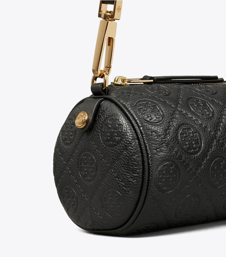 Tory Burch designer crossbody bags T Monogram Pebbled Cylinder Bag in Black detail