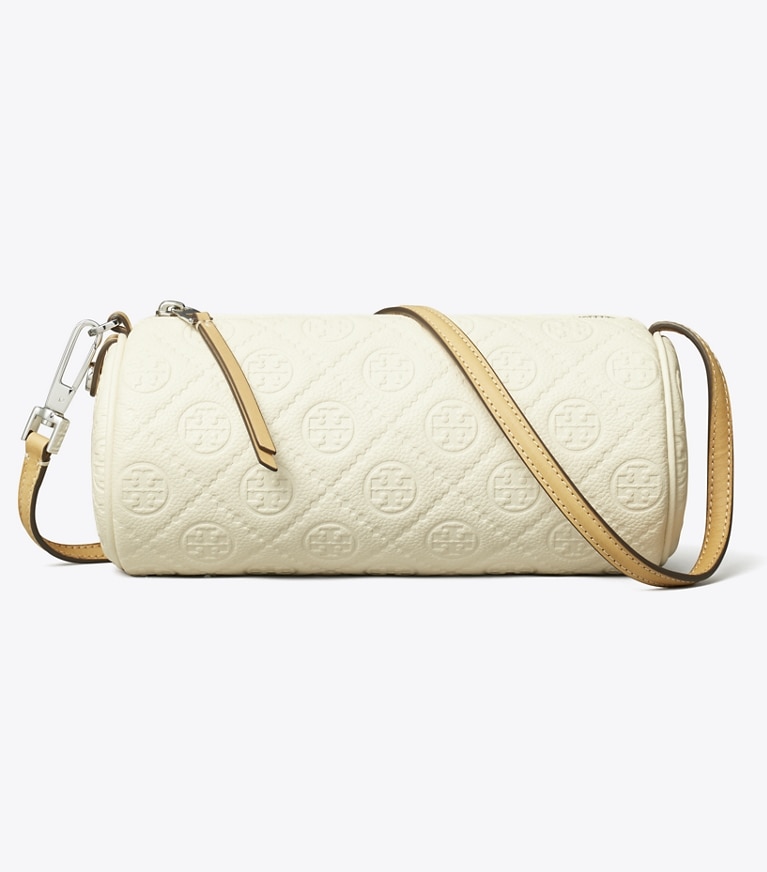 Tory Burch designer クロスボディバッグ Tモノグラム ペブルド シリンダーバッグ in Warm White angle