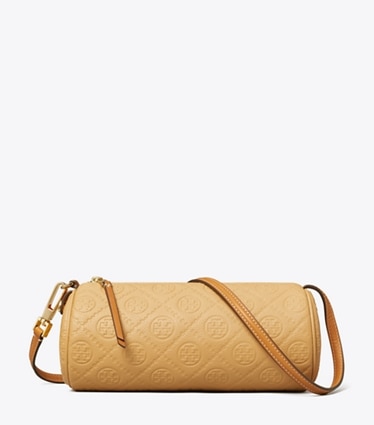 Tory Burch designer crossbody bags T Monogram Pebbled Cylinder Bag in Biscotti front