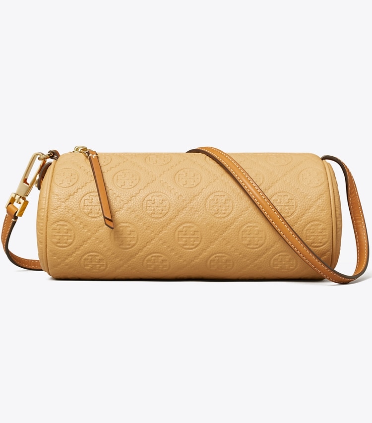 Tory Burch designer crossbody bags T Monogram Pebbled Cylinder Bag in Biscotti front