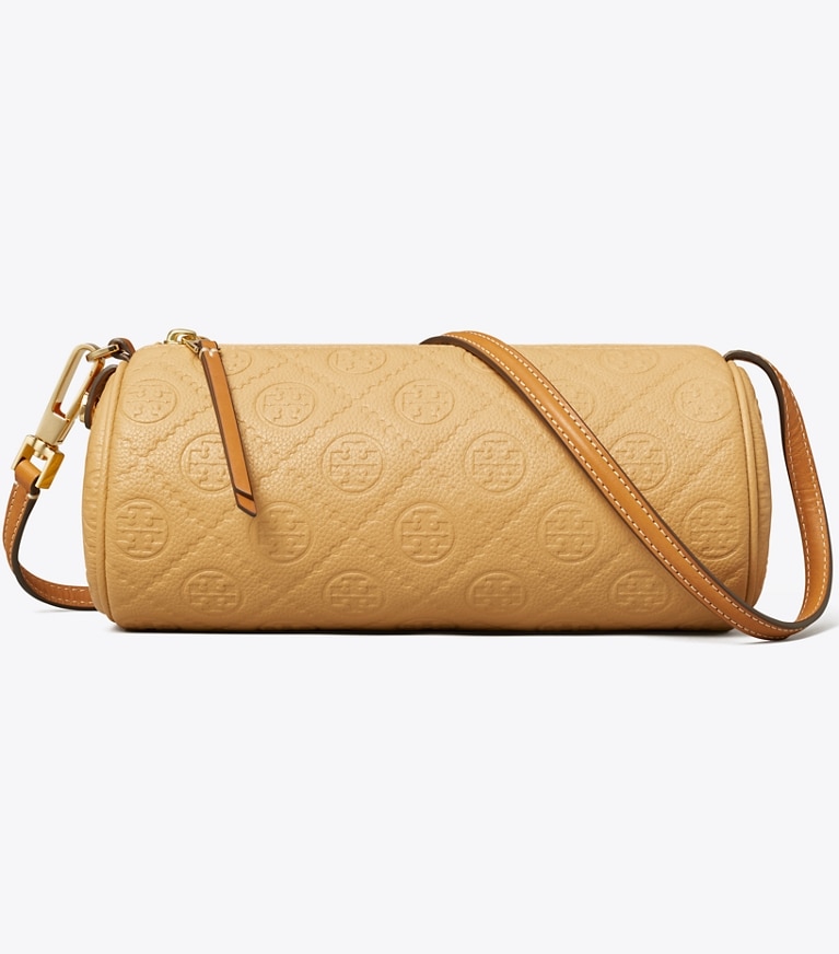 Tory Burch designer crossbody bags T Monogram Pebbled Cylinder Bag in Biscotti angle