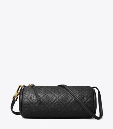 Tory Burch designer crossbody bags T Monogram Pebbled Cylinder Bag in Black front