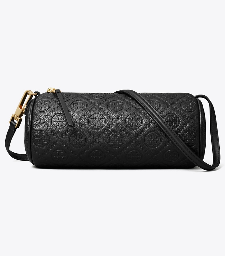 Tory Burch designer crossbody bags T Monogram Pebbled Cylinder Bag in Black angle