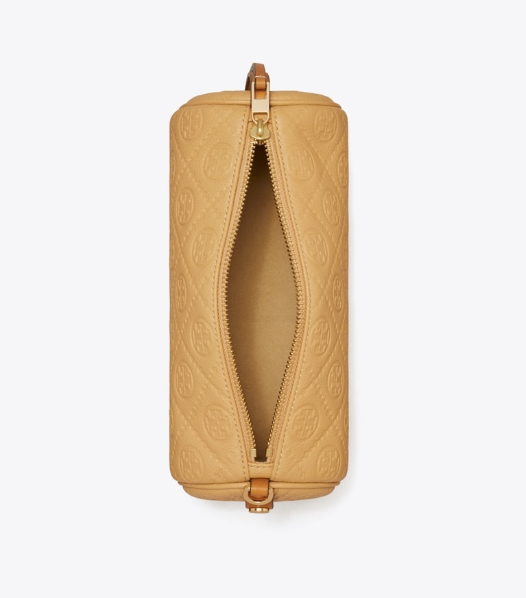 Tory Burch designer crossbody bags T Monogram Pebbled Cylinder Bag in Biscotti angle