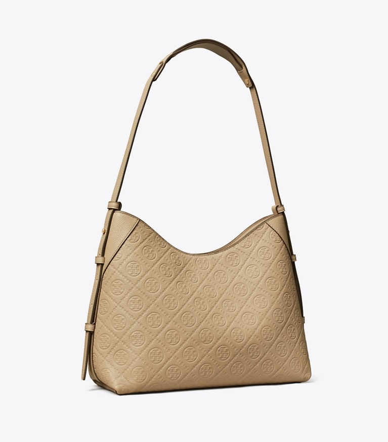 Tory Burch designer ショルダーバッグ Tモノグラム ペブルド メッセンジャーバッグ in Fresh Clay angle