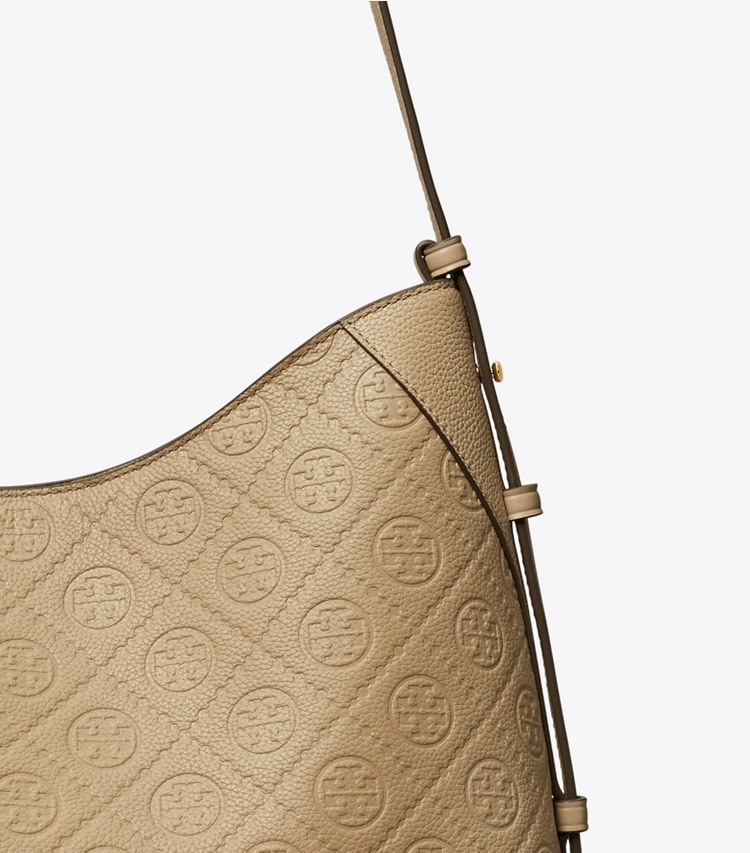 Tory Burch designer ショルダーバッグ Tモノグラム ペブルド メッセンジャーバッグ in Fresh Clay ディテール