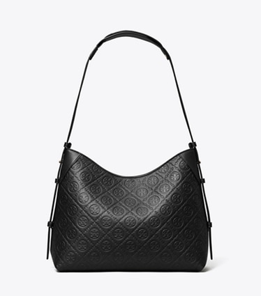 Tory Burch designer shoulder bags T Monogram Pebbled Messenger Bag in Black front