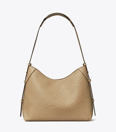 Tory Burch designer ショルダーバッグ Tモノグラム ペブルド メッセンジャーバッグ in Fresh Clay front